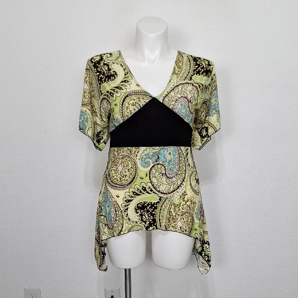 Jessi L Green Black Paisley Print Tie Back Y2K Fairy Babydoll Blouse Size 1X - Picture 2 of 13